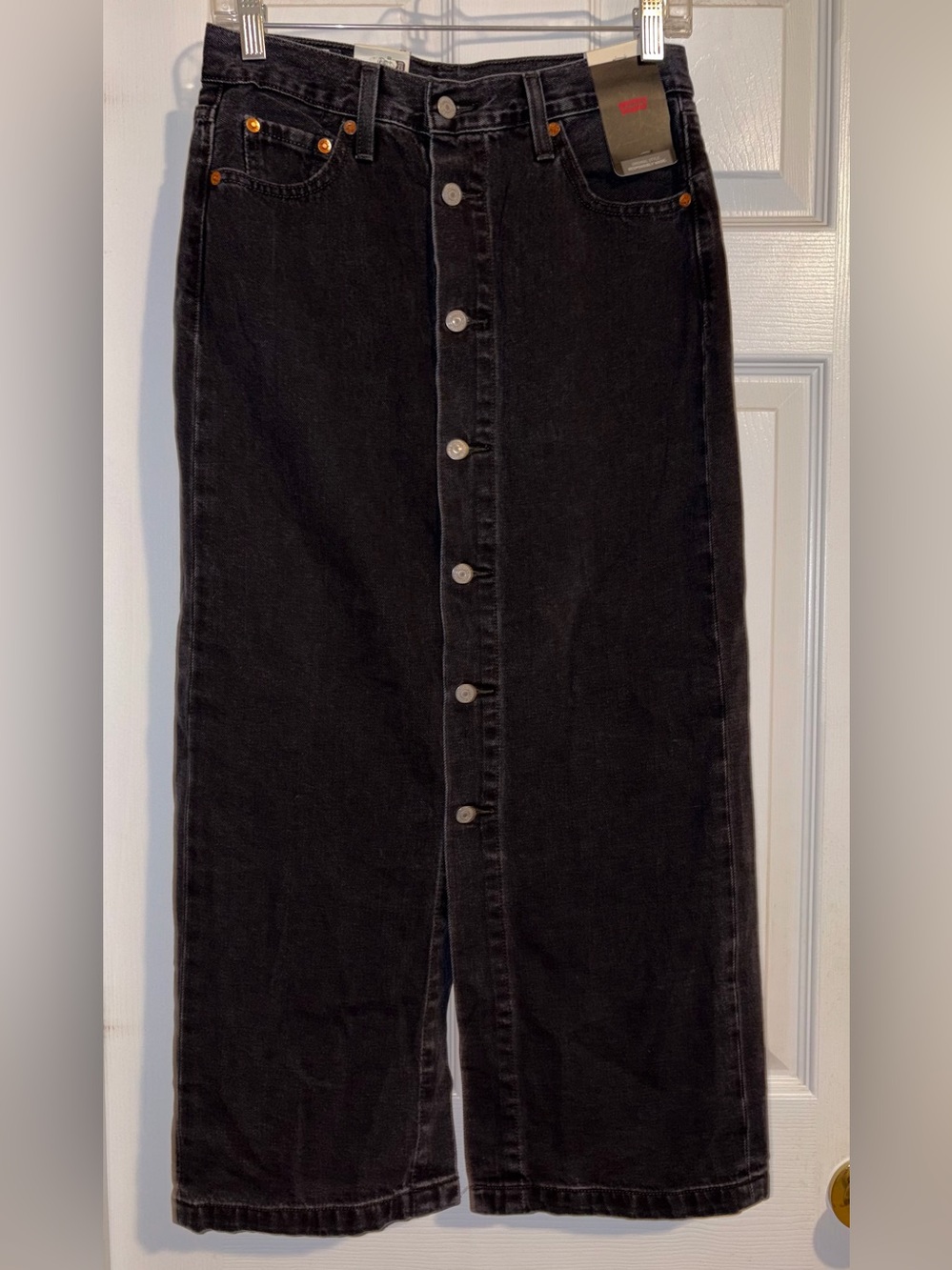 NWT Levi's Black Denim Button Down Long Skirt Front Back Slit Size 26 Premium